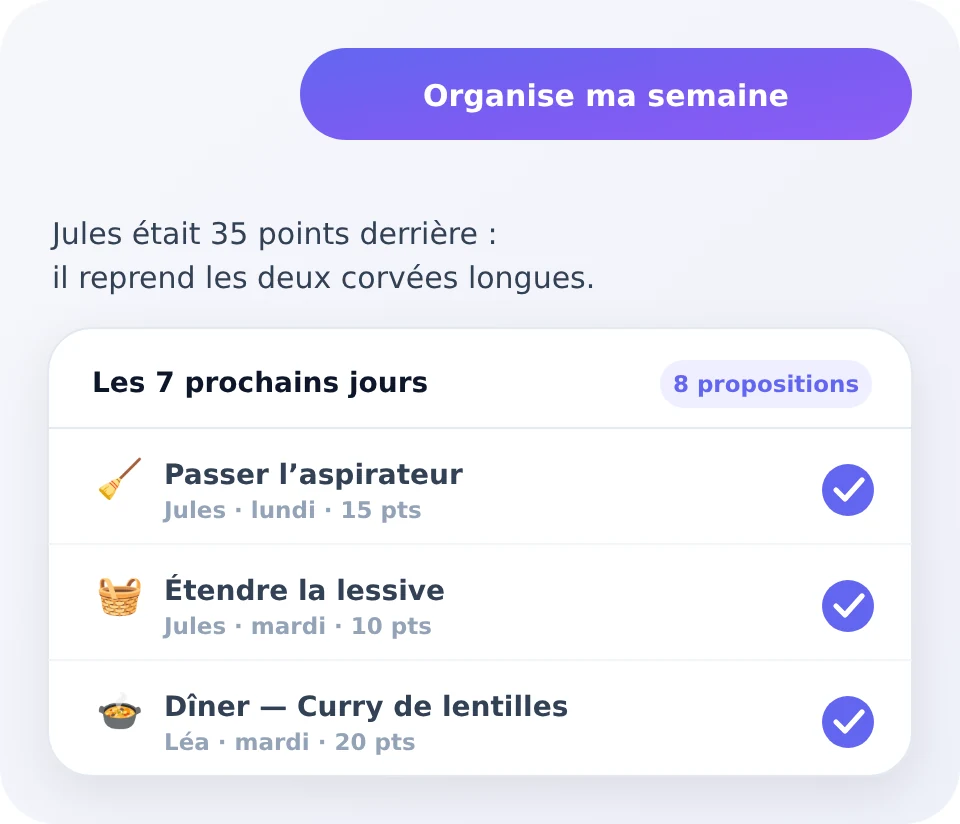 Une phrase tapée dans l'ajout rapide devient une tâche datée, avec son emoji et ses points.