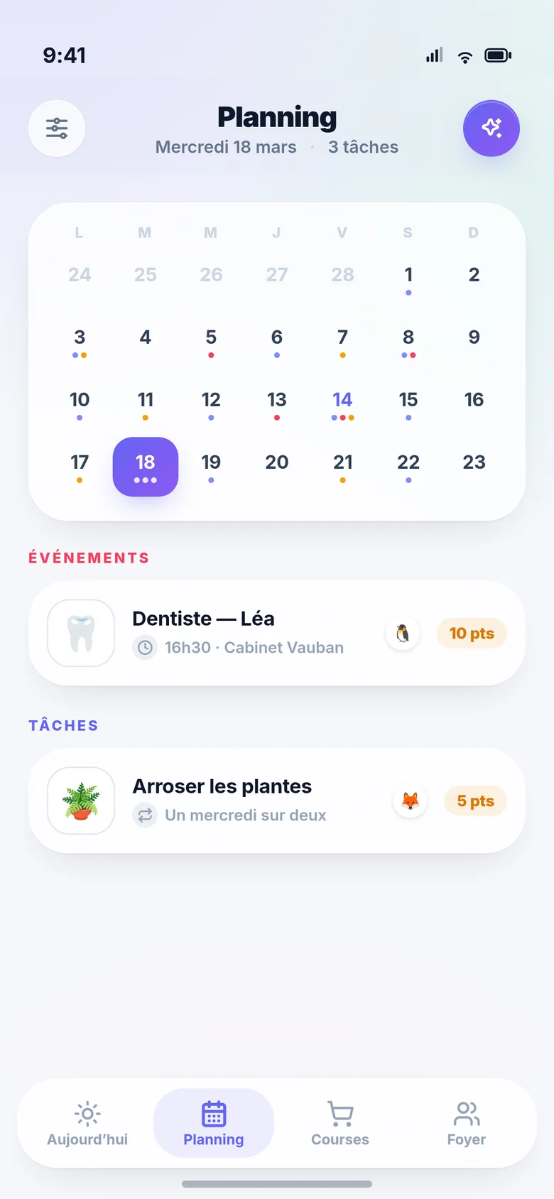 Le planning : un calendrier mensuel avec des repères sur les jours chargés, et le détail de la journée sélectionnée.