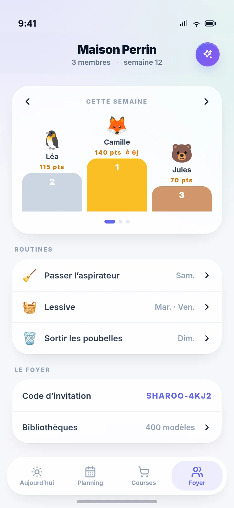L'onglet Foyer : le classement de la semaine membre par membre, les routines du foyer et le code d'invitation.