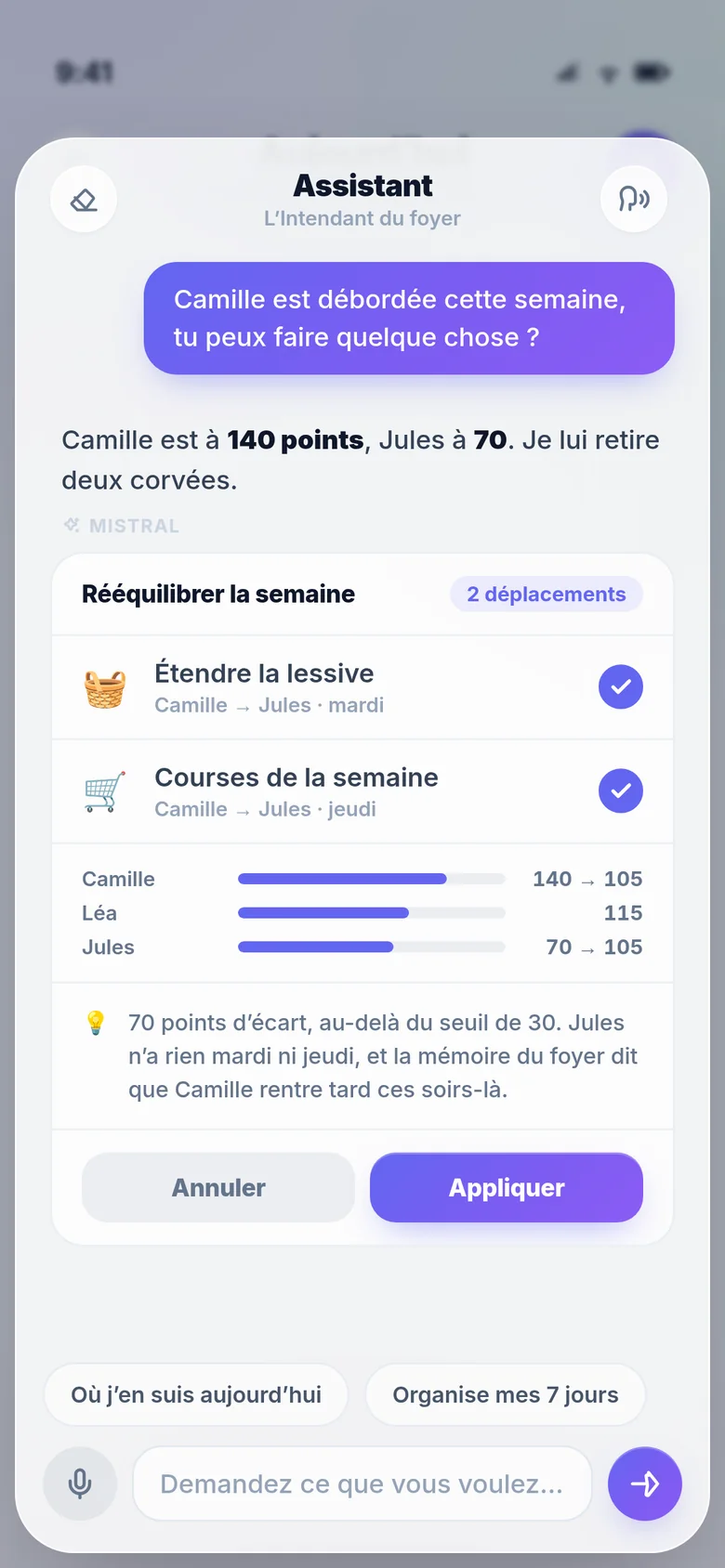 L'Intendant propose de déplacer deux corvées vers le membre le moins chargé, avec la raison affichée sur la carte.