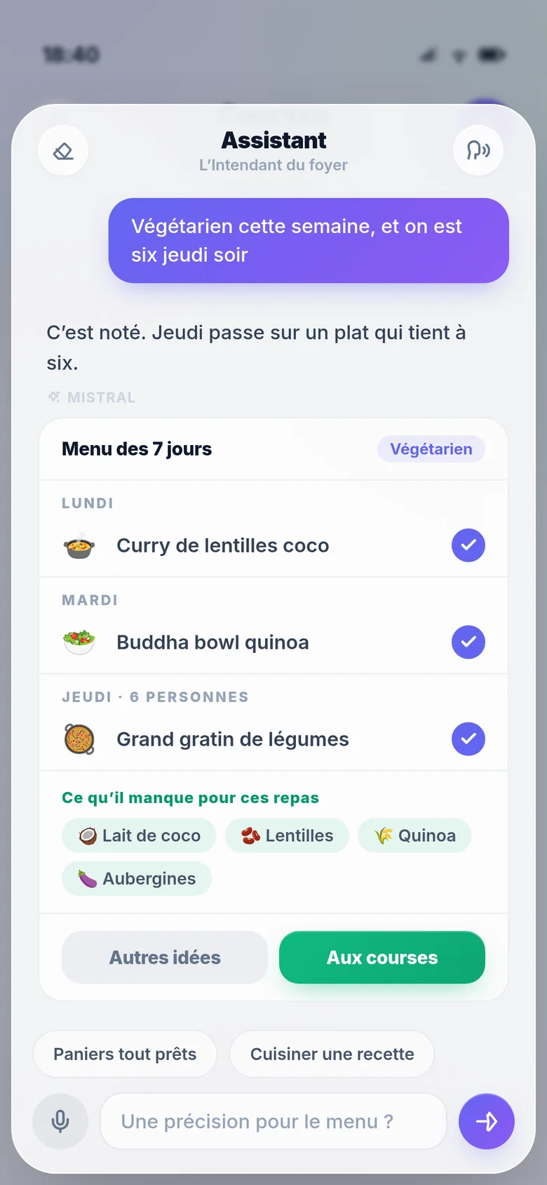 Un menu de la semaine végétarien proposé repas par repas, avec la liste de courses correspondante.